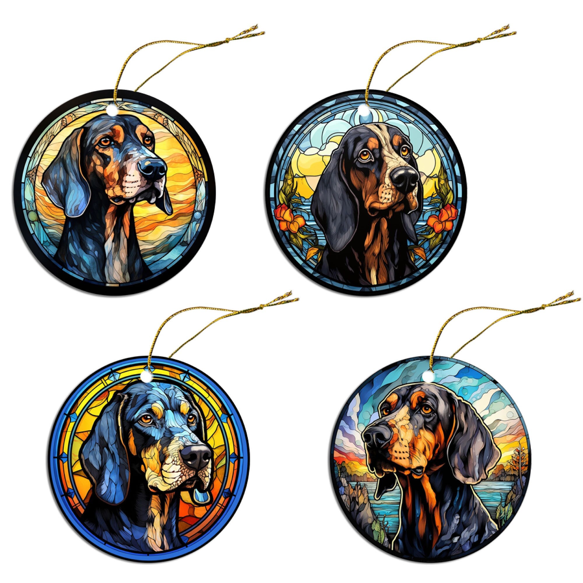 Stained glass style Christmas ornament featuring a Coonhound, showcasing vibrant colors and intricate design.